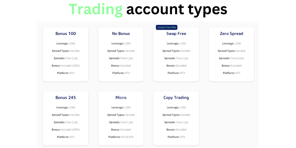 Trade245 complete trading account types and detail informatio like leverage, spread type, bonus, platform