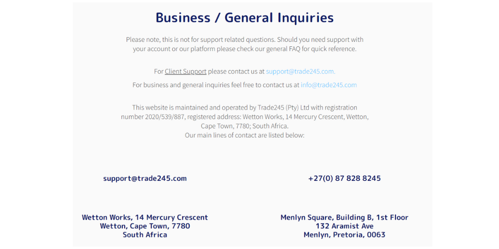 Trade245 customer support and general inquries