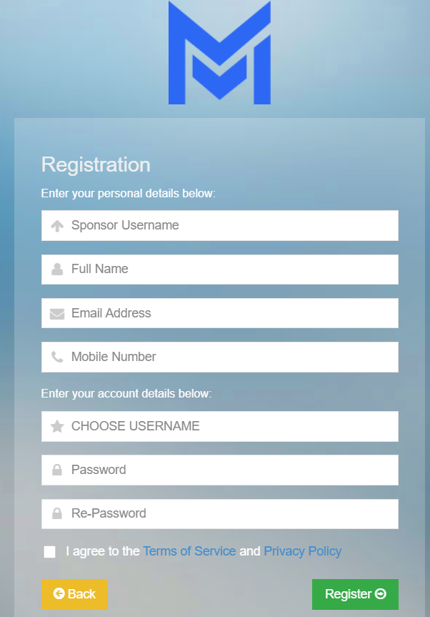 Mether world website registration form