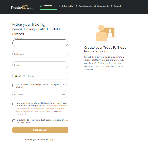 Account Sign-up at TradeEu Global
