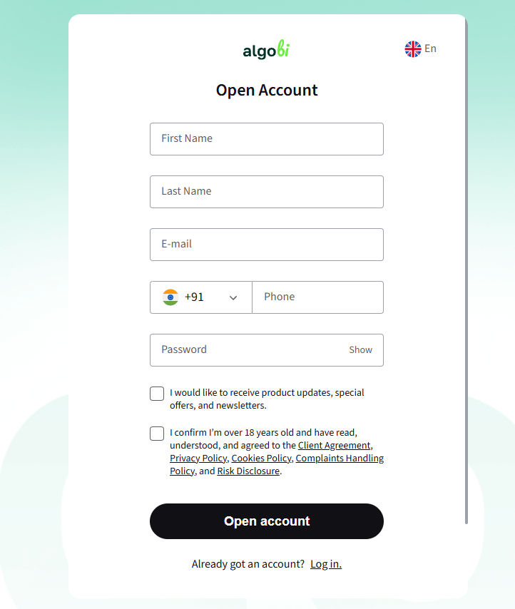 Sign up process at Algobi